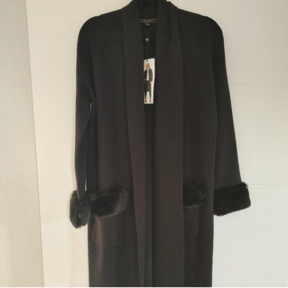Maxsport Duster Cardigan with Black Faux Fur Cuffs and Pockets Sz L
